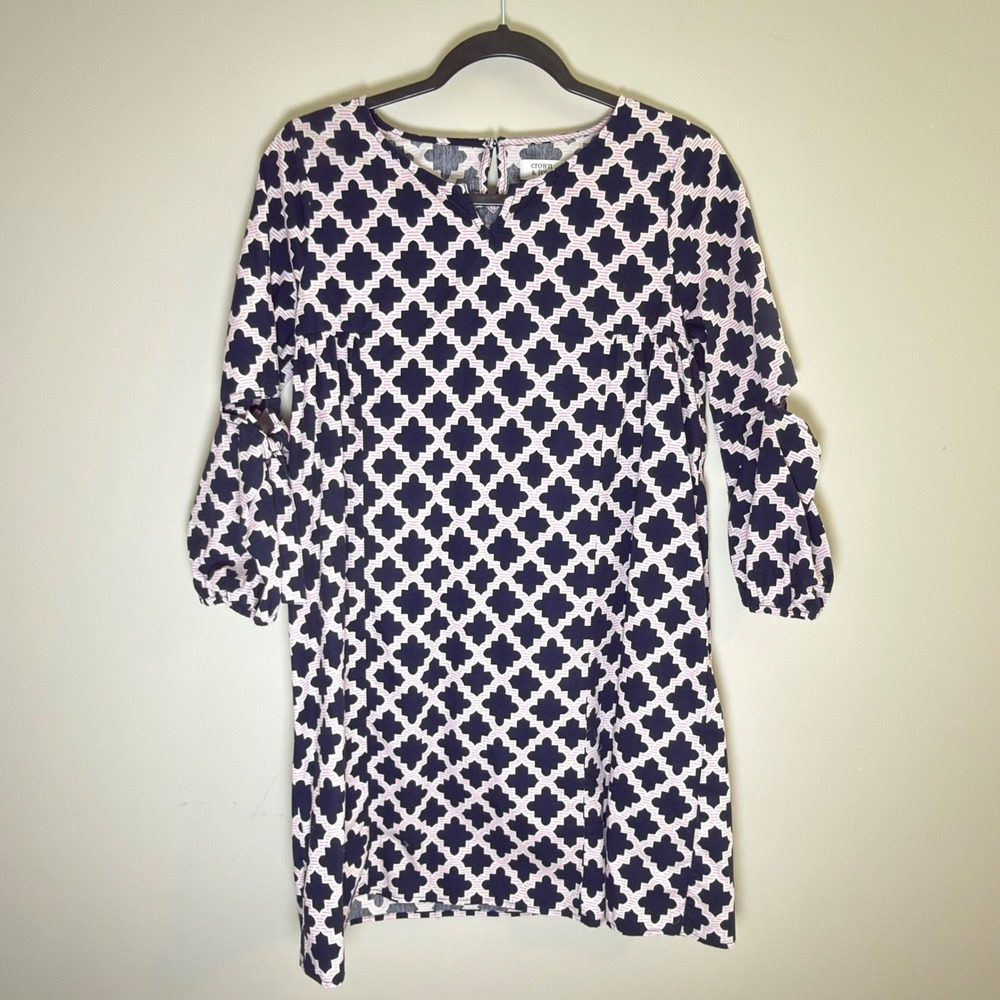 Crown & Ivy Navy Pink Quatrefoil Cotton Shift Dress Tie Sleeve Size 16 (small)